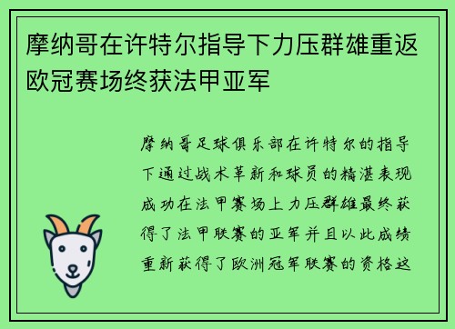 摩纳哥在许特尔指导下力压群雄重返欧冠赛场终获法甲亚军 摩纳哥在许特尔指导下力压群雄重返欧冠赛场终获法甲亚军