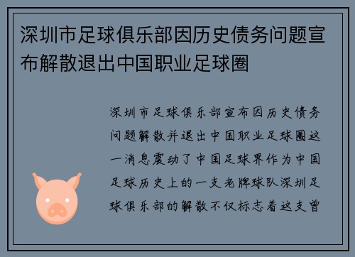 深圳市足球俱乐部因历史债务问题宣布解散退出中国职业足球圈