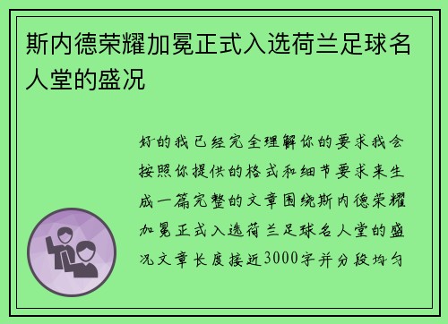 斯内德荣耀加冕正式入选荷兰足球名人堂的盛况 斯内德荣耀加冕正式入选荷兰足球名人堂的盛况
